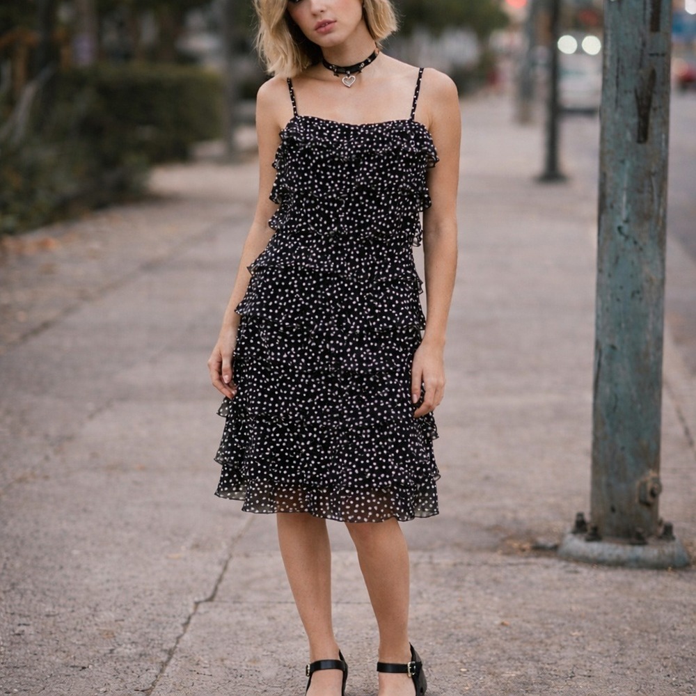 TALBOTS Sz 8 Black White Silk‎ Tiered Dress Y2K Coquette Whimsigoth Romantic
